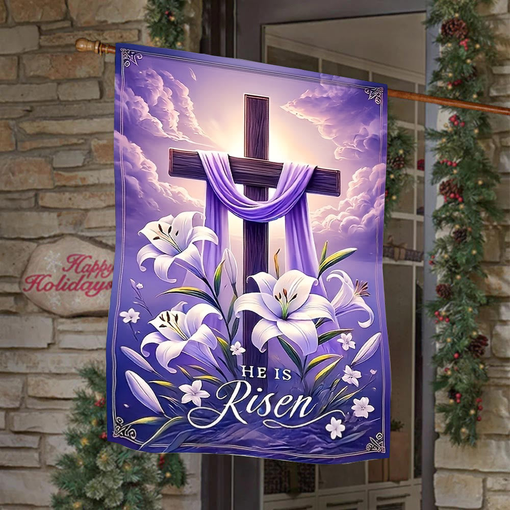Christianartworkshop Drapeau de jardin Croix de la Résurrection avec lys et drapé violet : un symbole de joie céleste - image 1