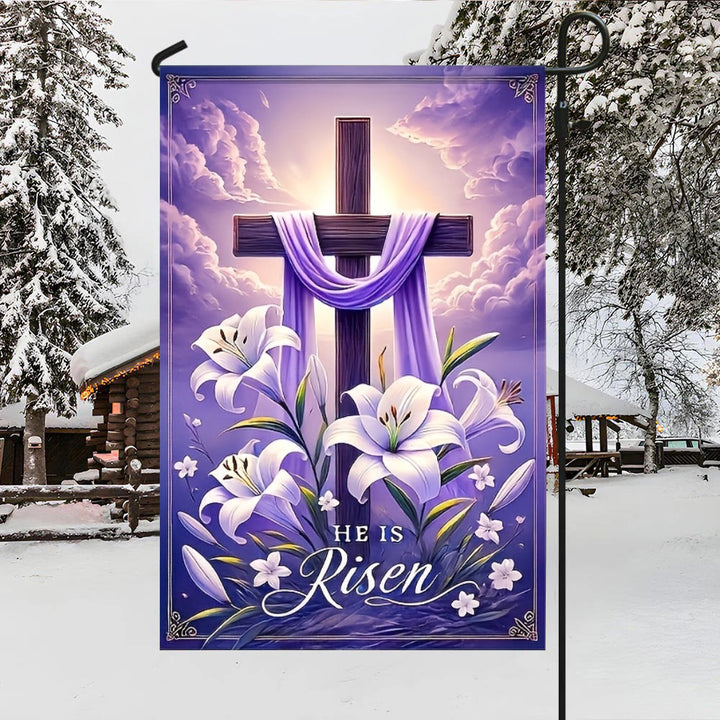 Christianartworkshop Drapeau de jardin Croix de la Résurrection avec lys et drapé violet : un symbole de joie céleste - image 3