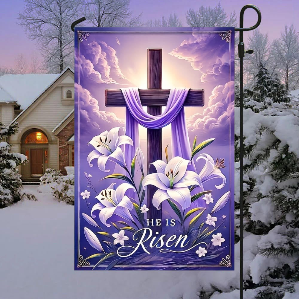 Christianartworkshop Drapeau de jardin Croix de la Résurrection avec lys et drapé violet : un symbole de joie céleste - 90×150cm (3×5 pi) - image 0