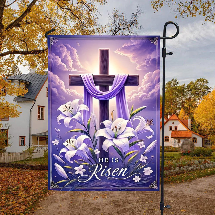 Christianartworkshop Drapeau de jardin Croix de la Résurrection avec lys et drapé violet : un symbole de joie céleste - image 4