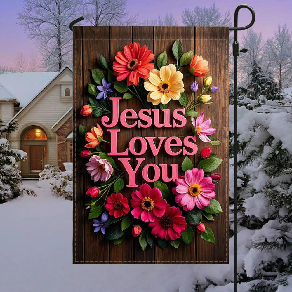 Christianartworkshop Couronne de fleurs « Jésus t’aime » - Drapeau de jardin : Un symbole d’affection divine - image 3