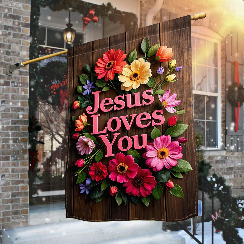 Christianartworkshop Couronne de fleurs « Jésus t’aime » - Drapeau de jardin : Un symbole d’affection divine - image 2