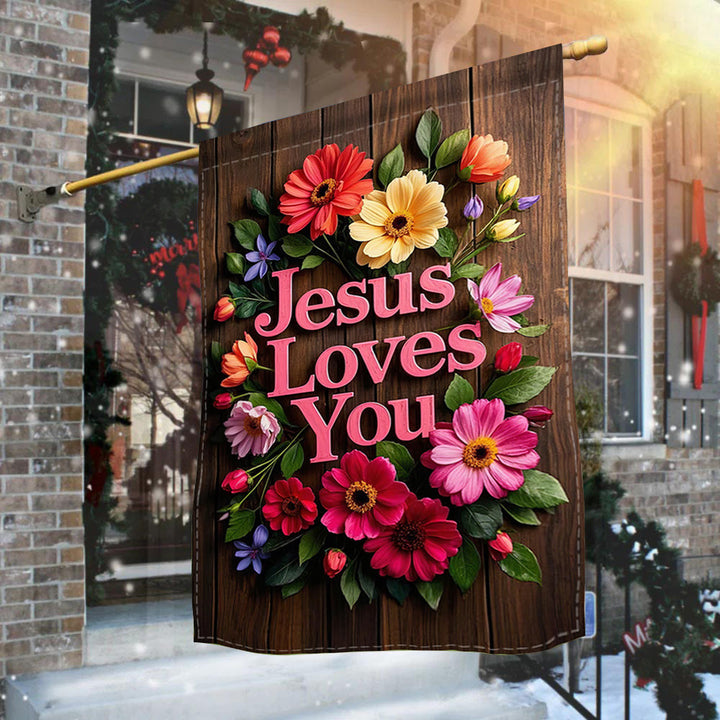 Christianartworkshop Couronne de fleurs « Jésus t’aime » - Drapeau de jardin : Un symbole d’affection divine - image 2