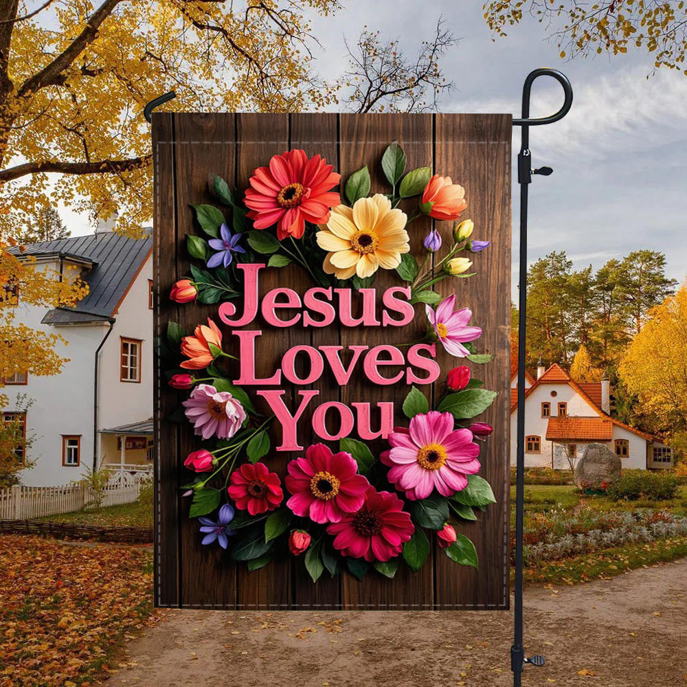 Christianartworkshop Couronne de fleurs « Jésus t’aime » - Drapeau de jardin : Un symbole d’affection divine - 90×150cm (3×5 pi) - image 0