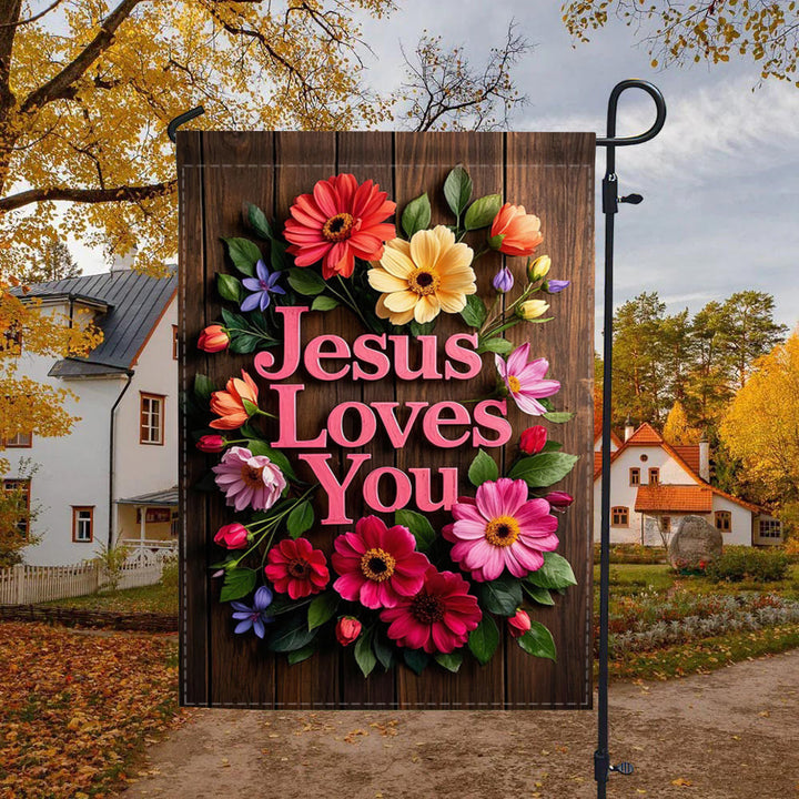 Christianartworkshop Couronne de fleurs « Jésus t’aime » - Drapeau de jardin : Un symbole d’affection divine - 90×150cm (3×5 pi) - image 0