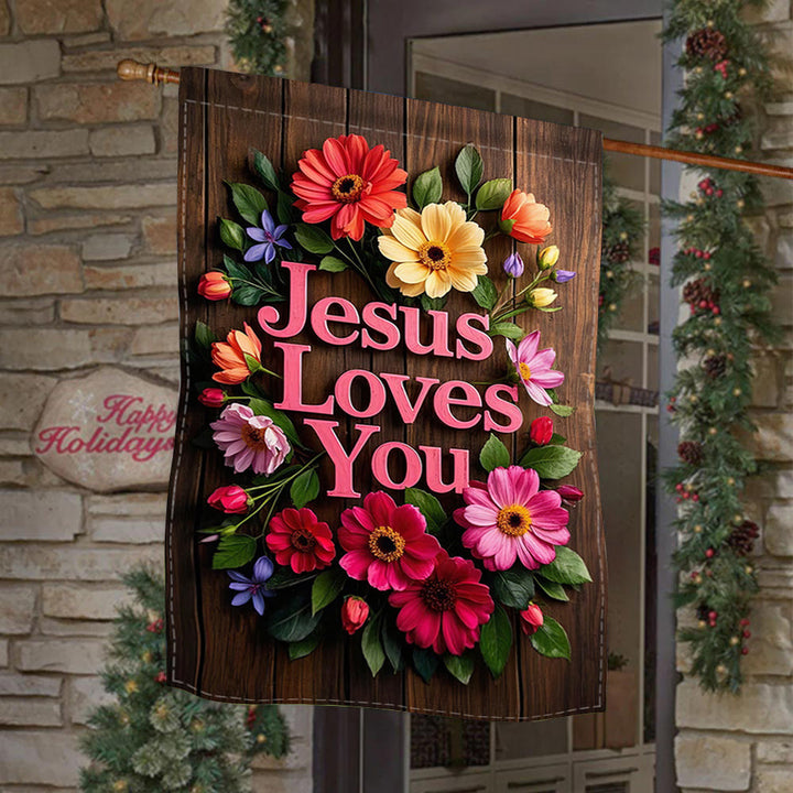 Christianartworkshop Couronne de fleurs « Jésus t’aime » - Drapeau de jardin : Un symbole d’affection divine - image 1