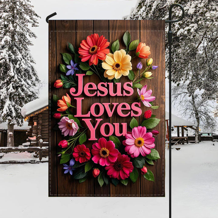 Christianartworkshop Couronne de fleurs « Jésus t’aime » - Drapeau de jardin : Un symbole d’affection divine - image 4