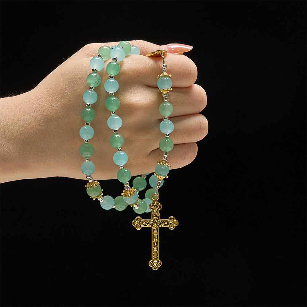 Christianartworkshop Chapelet en verre aventurine et aigue-marine avec médaille de Notre-Dame et crucifix orné - image 1