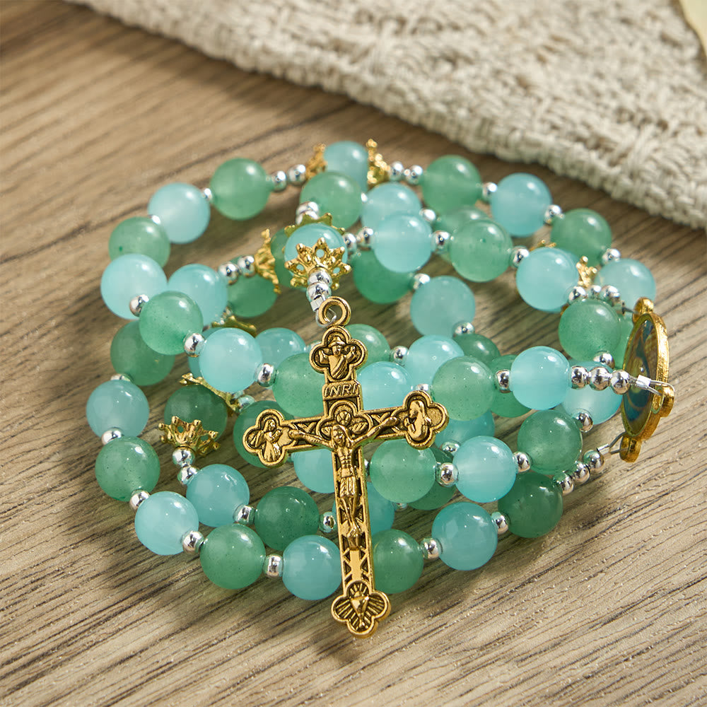 Christianartworkshop Chapelet en verre aventurine et aigue-marine avec médaille de Notre-Dame et crucifix orné - image 4