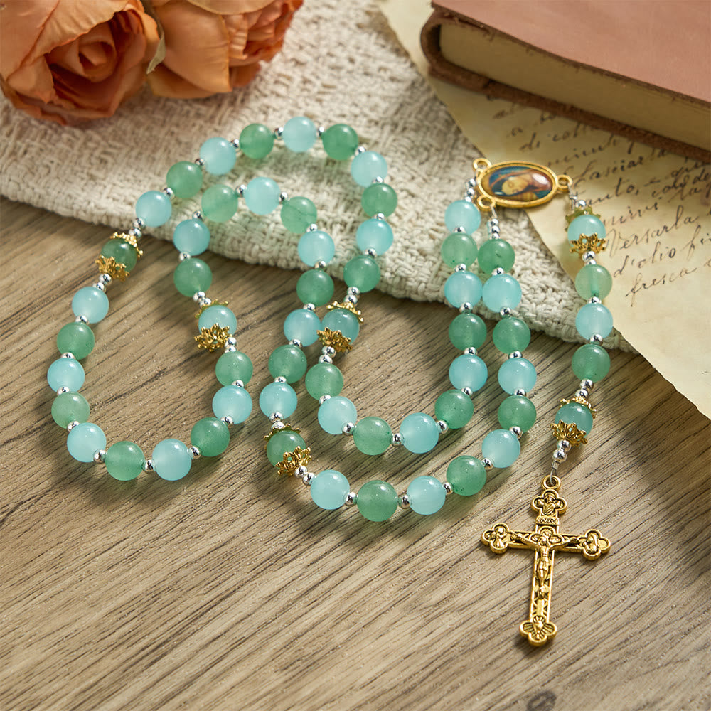 Christianartworkshop Chapelet en verre aventurine et aigue-marine avec médaille de Notre-Dame et crucifix orné - image 3