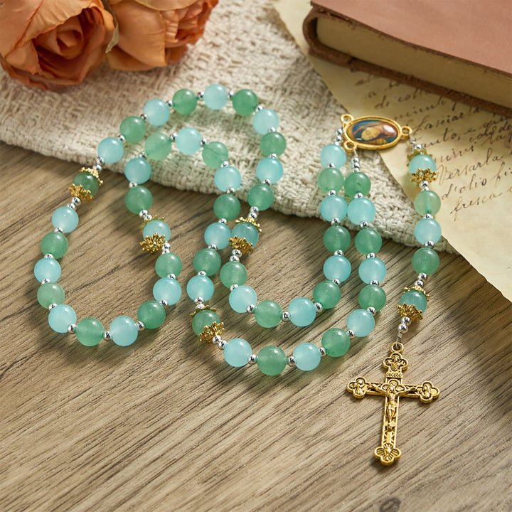 Christianartworkshop Chapelet en verre aventurine et aigue-marine avec médaille de Notre-Dame et crucifix orné - image 3