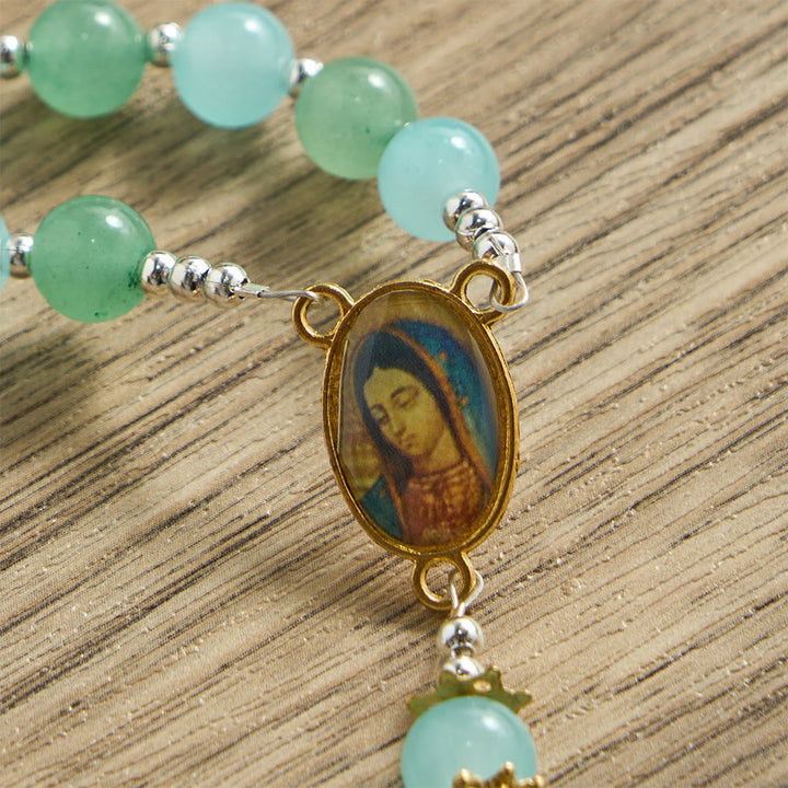 Christianartworkshop Chapelet en verre aventurine et aigue-marine avec médaille de Notre-Dame et crucifix orné - image 6