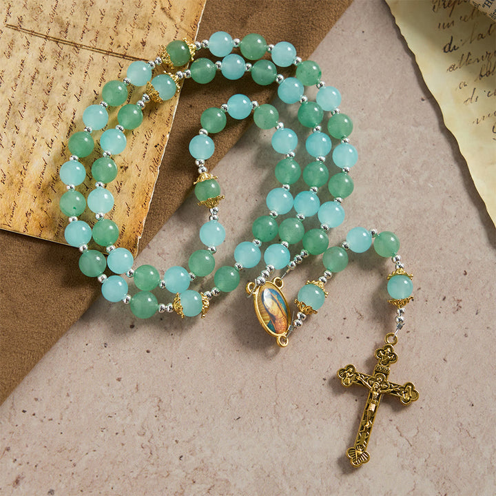 Christianartworkshop Chapelet en verre aventurine et aigue-marine avec médaille de Notre-Dame et crucifix orné - image 2