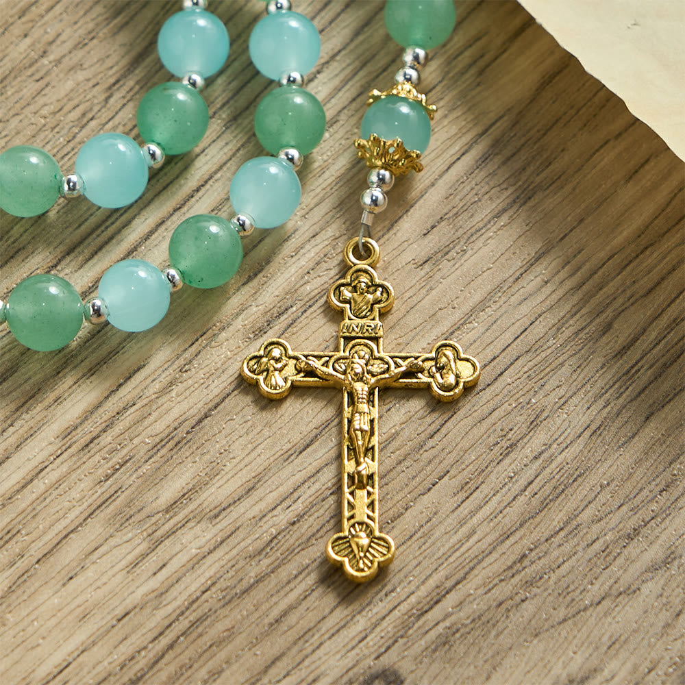 Christianartworkshop Chapelet en verre aventurine et aigue-marine avec médaille de Notre-Dame et crucifix orné - image 7