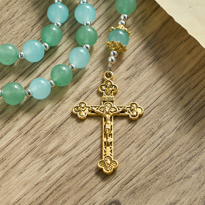 Christianartworkshop Chapelet en verre aventurine et aigue-marine avec médaille de Notre-Dame et crucifix orné - image 7