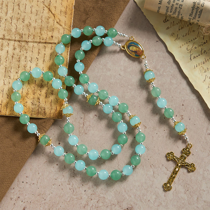 Christianartworkshop Chapelet en verre aventurine et aigue-marine avec médaille de Notre-Dame et crucifix orné - Chapelet en verre couleur aigue-marine - image 0