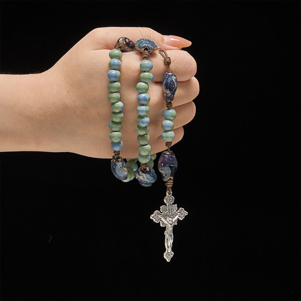 Christianartworkshop Chapelet en céramique avec motif de poisson orchidée, accents du Sacré-Cœur et crucifix orné - image 1
