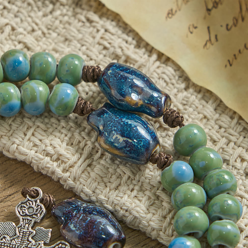 Christianartworkshop Chapelet en céramique avec motif de poisson orchidée, accents du Sacré-Cœur et crucifix orné - image 6