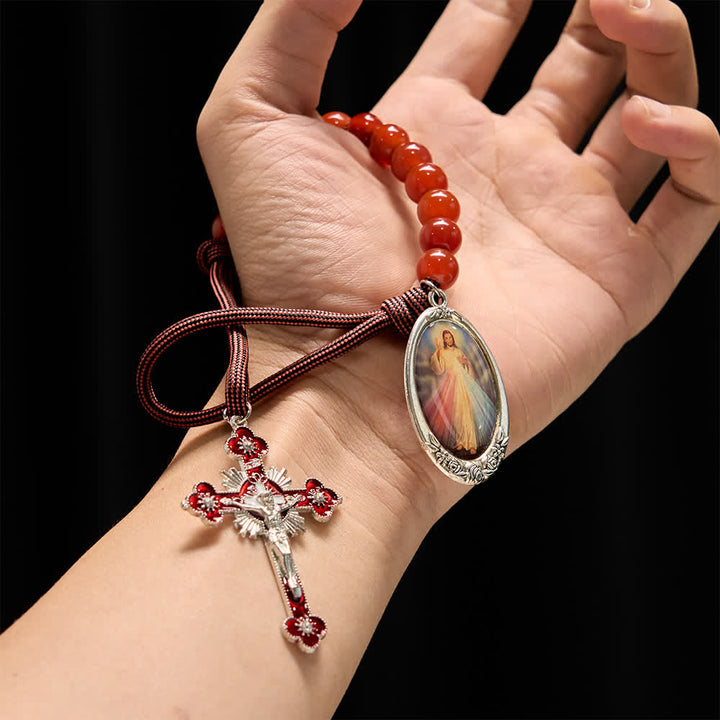 Christianartworkshop Chapelet de poche de la Divine Miséricorde avec perles d'agate rouge naturelle - image 1