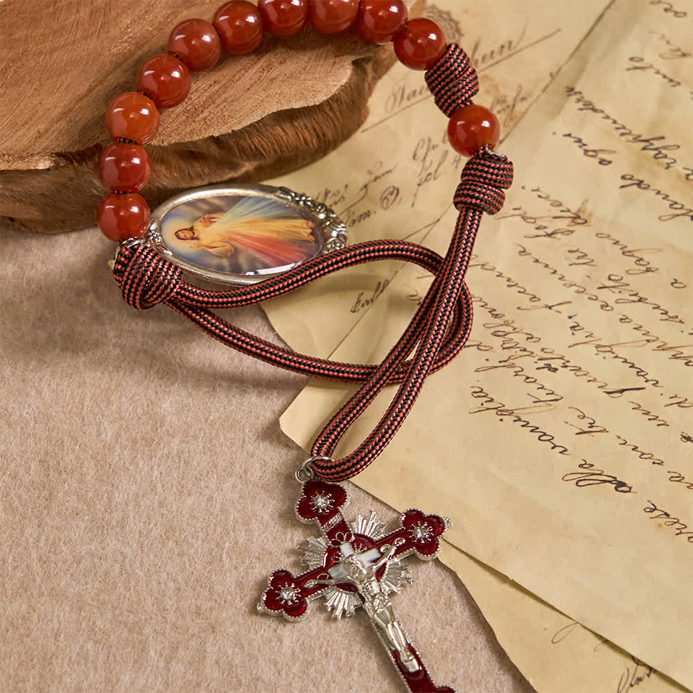 Christianartworkshop Chapelet de poche de la Divine Miséricorde avec perles d'agate rouge naturelle - Miséricorde divine et crucifixion - image 2
