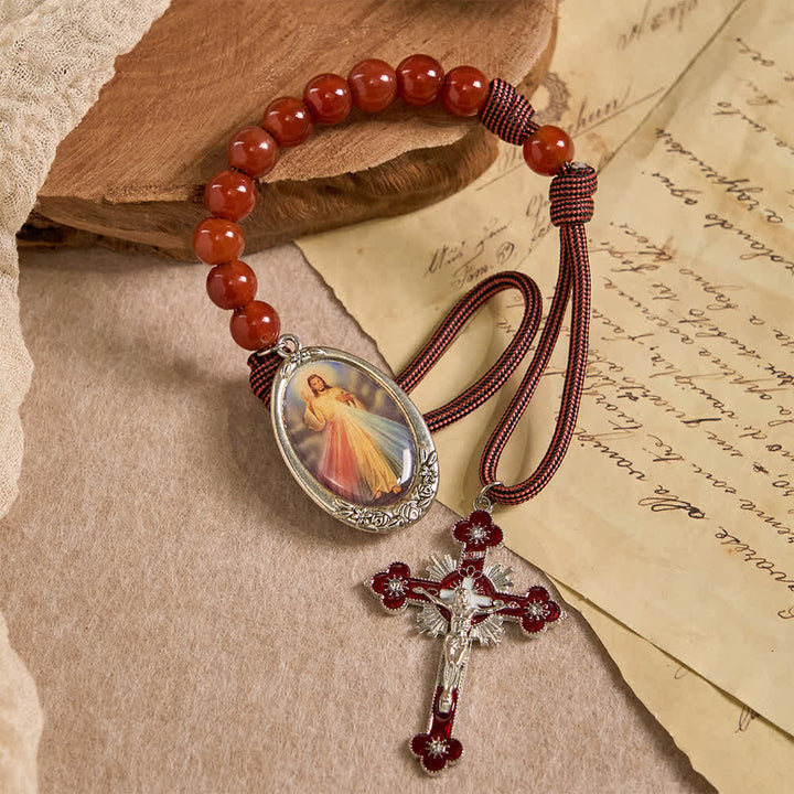 Christianartworkshop Chapelet de poche de la Divine Miséricorde avec perles d'agate rouge naturelle - image 0