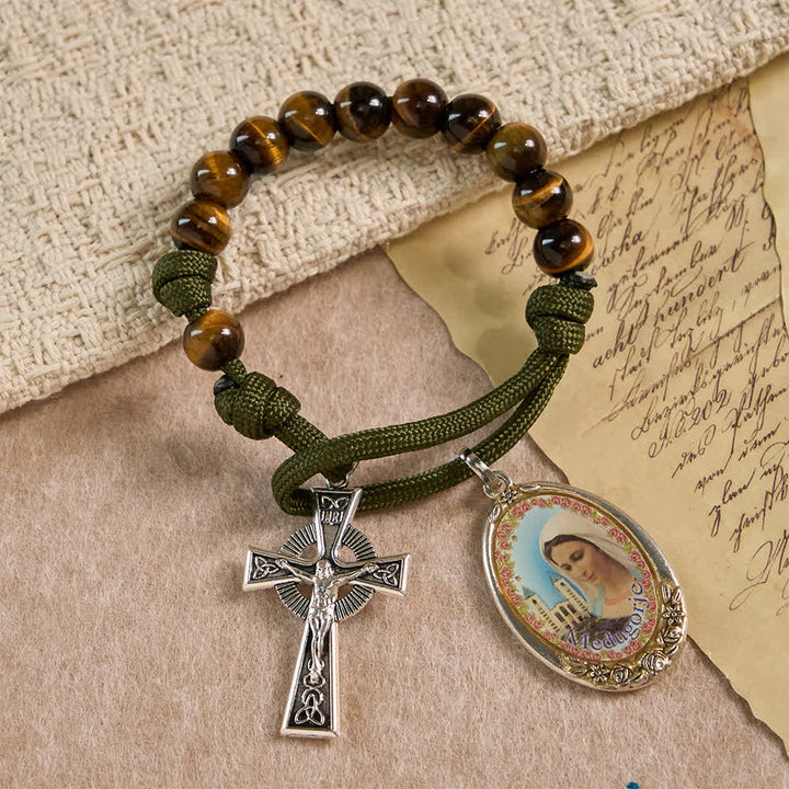 Christianartworkshop Chapelet de poche œil de tigre avec la Miséricorde Divine : Courage et Foi, motif en paracorde - image 3