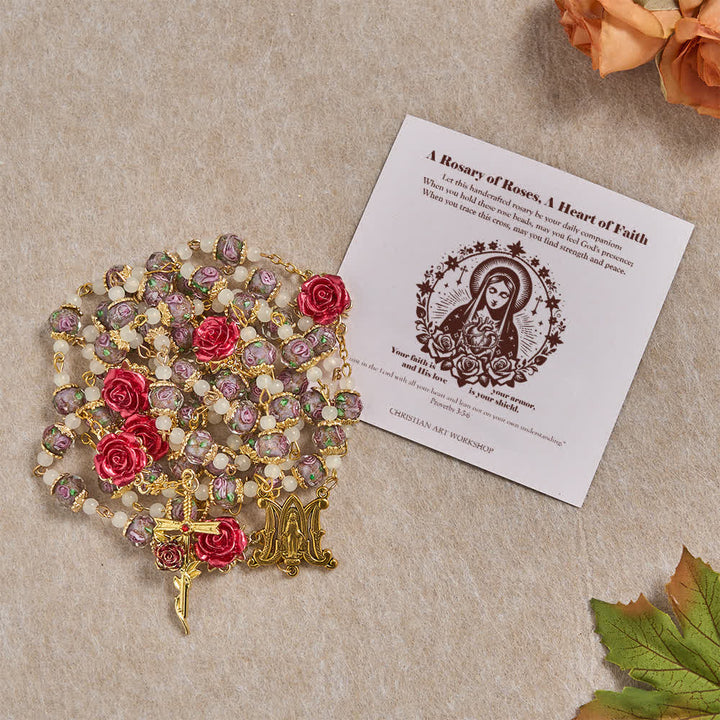 Christianartworkshop Chapelet de dévotion à la rose avec Sacré-Cœur : Douce foi pour la prière quotidienne - Croix rose avec carte - image 14