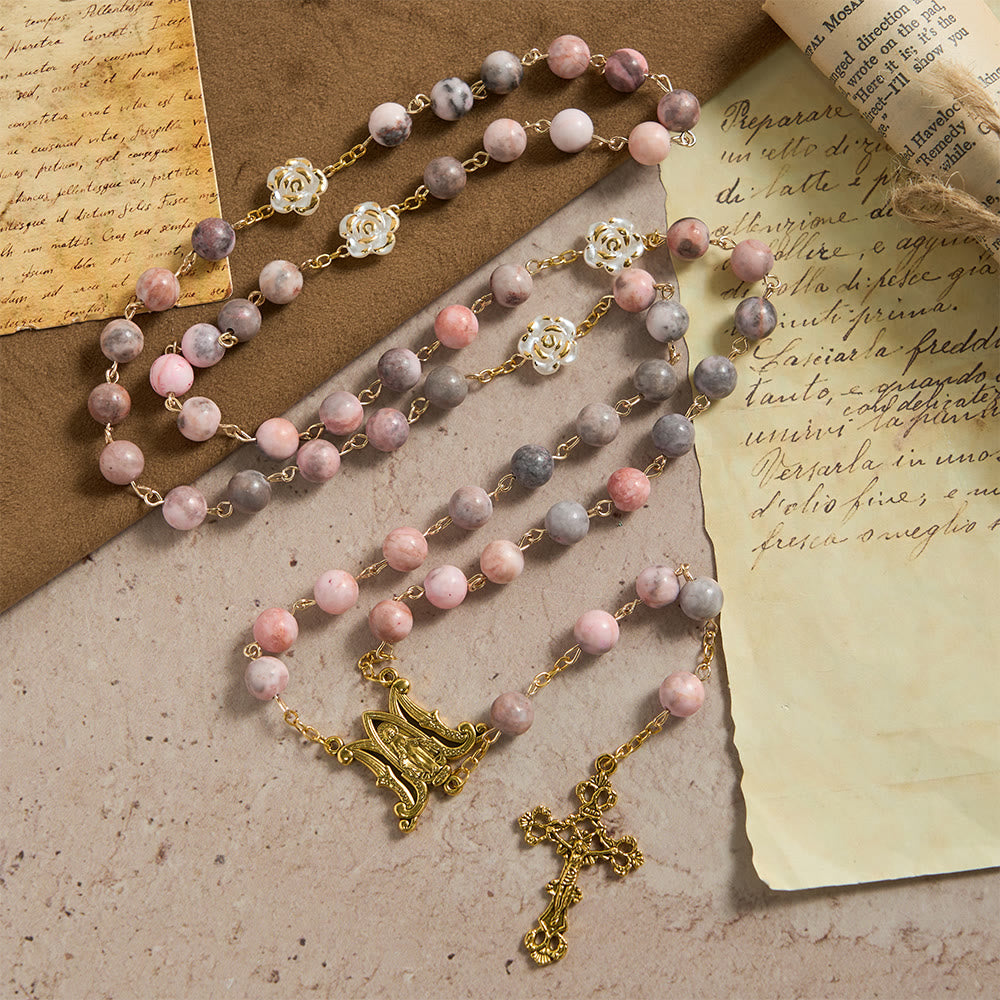 Christianartworkshop Chapelet en pierre naturelle zèbre rose avec accents de camélia et médaille miraculeuse - Médaille miraculeuse et crucifix - image 0
