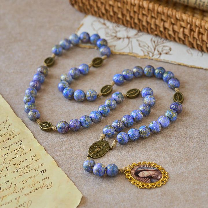 Christianartworkshop Chapelet des Sept Douleurs de la Vierge Marie avec perles peintes à l'huile violette et bleue et médaille de la Vierge Marie - image 2
