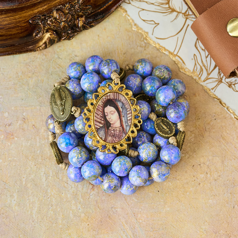 Christianartworkshop Chapelet des Sept Douleurs de la Vierge Marie avec perles peintes à l'huile violette et bleue et médaille de la Vierge Marie - image 4