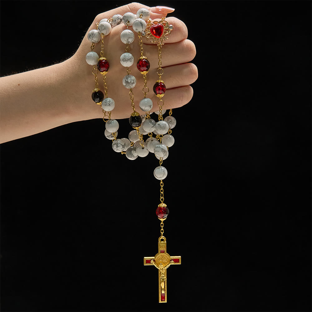 Christianartworkshop Chapelet en turquoise blanche orné de perles de verre rouge et noir et d'un crucifix du Sacré-Cœur - image 1