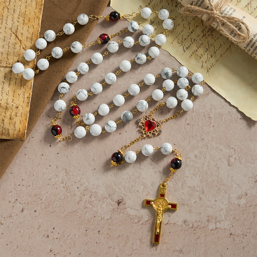 Christianartworkshop Chapelet en turquoise blanche orné de perles de verre rouge et noir et d'un crucifix du Sacré-Cœur - image 4