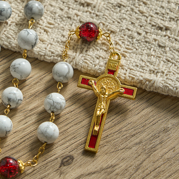 Christianartworkshop Chapelet en turquoise blanche orné de perles de verre rouge et noir et d'un crucifix du Sacré-Cœur - image 7