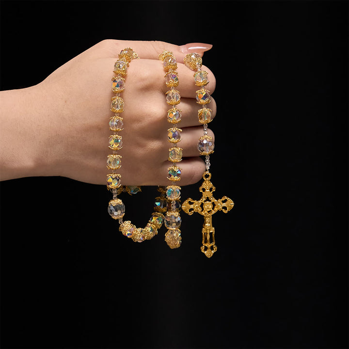 Christianartworkshop Chapelet en verre irisé à facettes avec médaille de Notre-Dame et crucifix doré - image 1