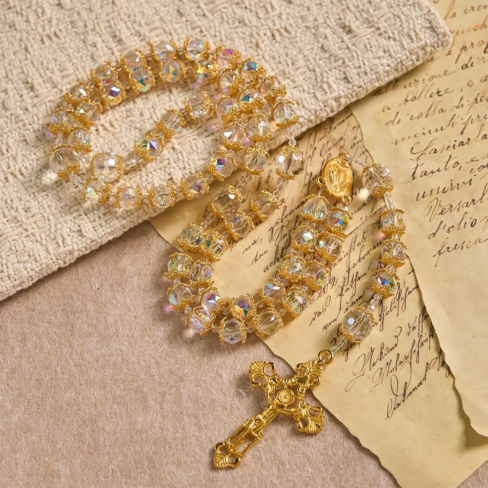 Christianartworkshop Chapelet en verre irisé à facettes avec médaille de Notre-Dame et crucifix doré - image 3