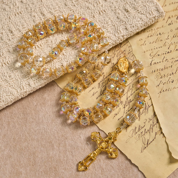 Christianartworkshop Chapelet en verre irisé à facettes avec médaille de Notre-Dame et crucifix doré - image 3