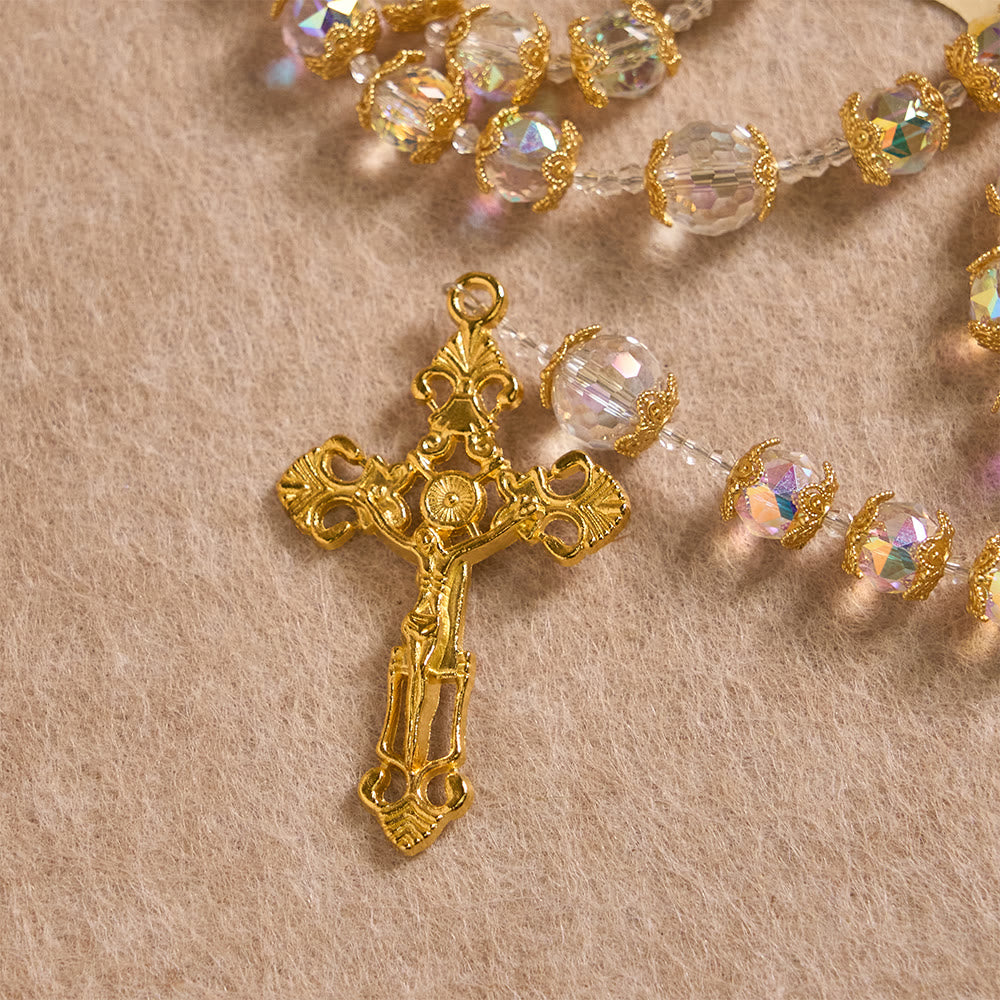 Christianartworkshop Chapelet en verre irisé à facettes avec médaille de Notre-Dame et crucifix doré - image 5