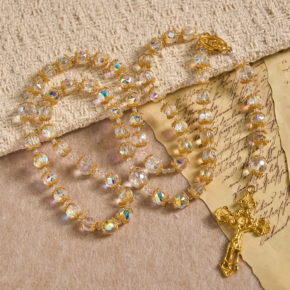 Christianartworkshop Chapelet en verre irisé à facettes avec médaille de Notre-Dame et crucifix doré - image 2