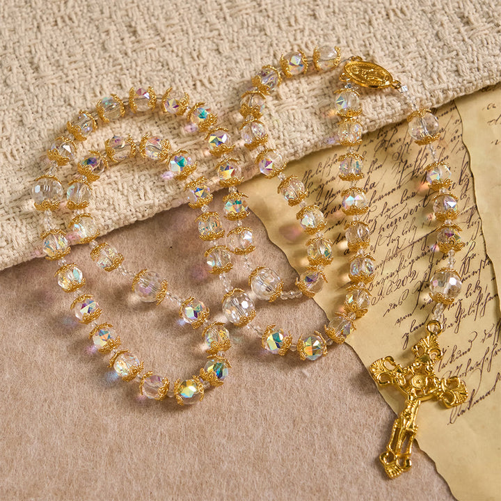 Christianartworkshop Chapelet en verre irisé à facettes avec médaille de Notre-Dame et crucifix doré - image 2