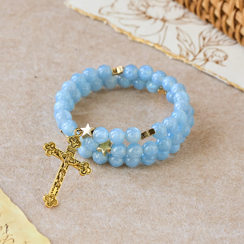 Christianartworkshop Bracelet enroulé de perles de verre bleues avec entretoises en forme d'étoile et crucifix doré - image 2