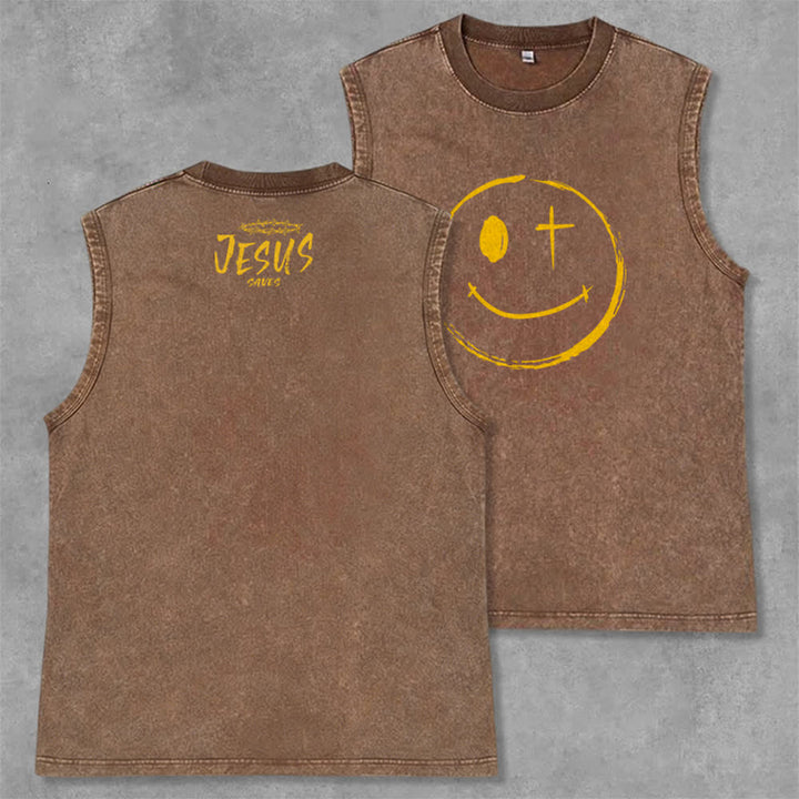Christianartworkshop Débardeur unisexe lavé avec motif Jésus souriant - Brun - 2XL - image 0