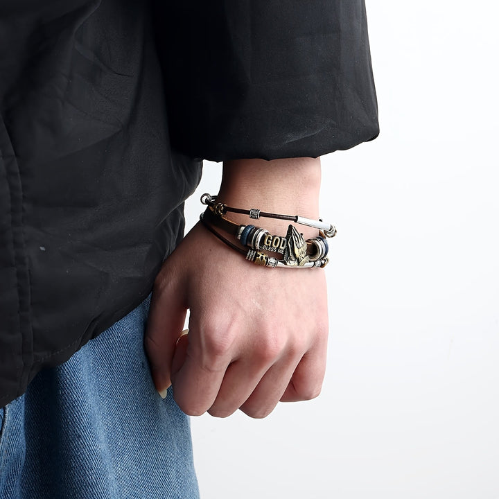 Christianartworkshop Bracelet en cuir « Que Dieu me bénisse » avec mains en prière et détails métalliques - image 5