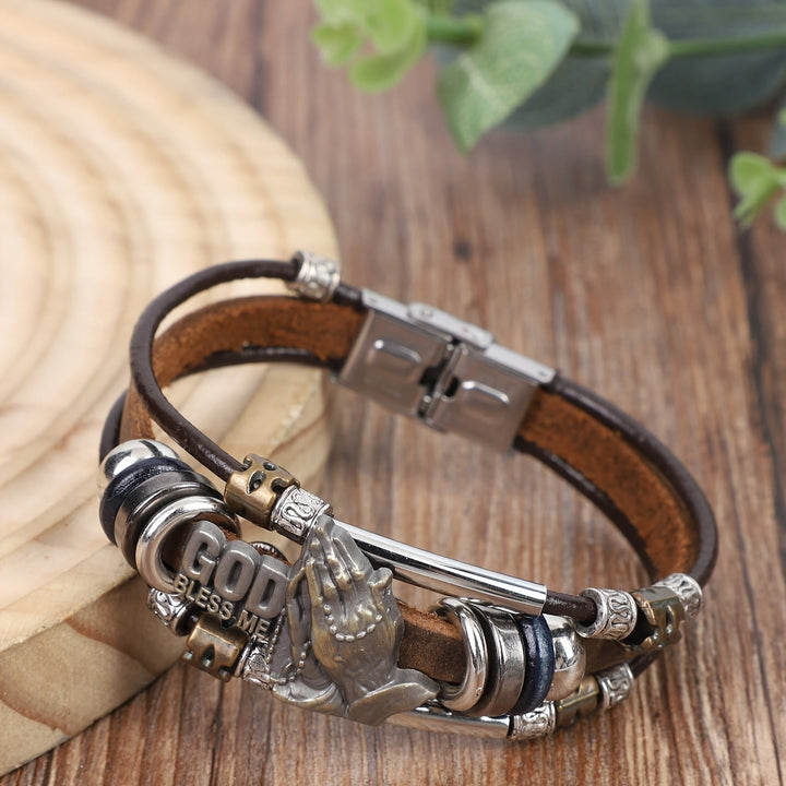 Christianartworkshop Bracelet en cuir « Que Dieu me bénisse » avec mains en prière et détails métalliques - image 4