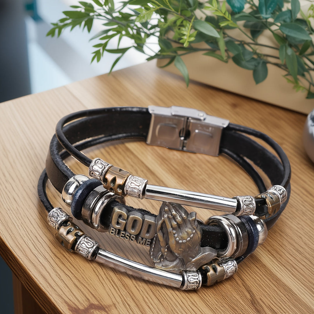 Christianartworkshop Bracelet en cuir « Que Dieu me bénisse » avec mains en prière et détails métalliques - image 7