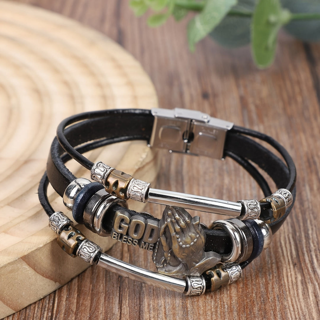 Christianartworkshop Bracelet en cuir « Que Dieu me bénisse » avec mains en prière et détails métalliques - Noir - image 6