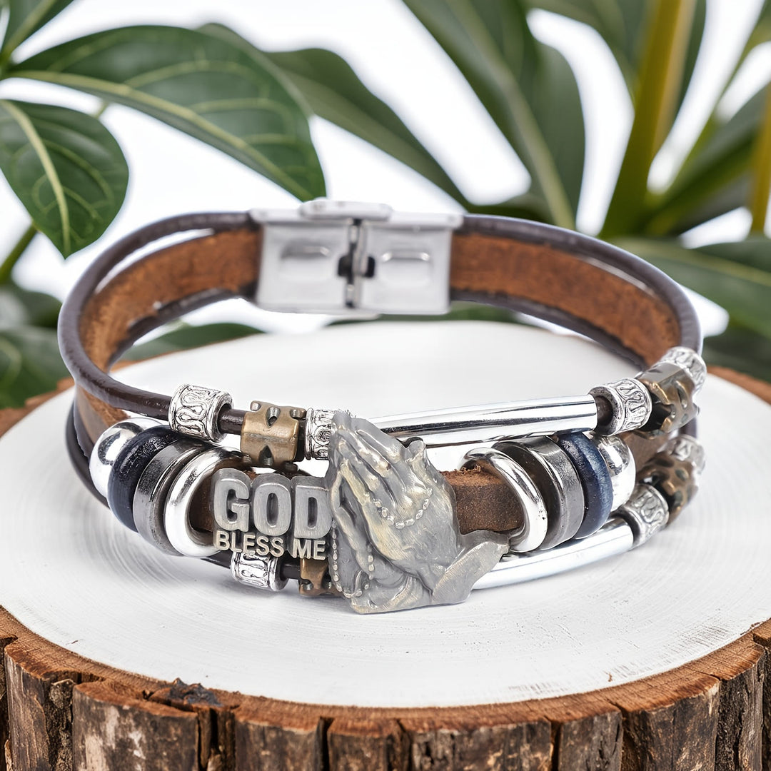 Christianartworkshop Bracelet en cuir « Que Dieu me bénisse » avec mains en prière et détails métalliques - Brun - image 0