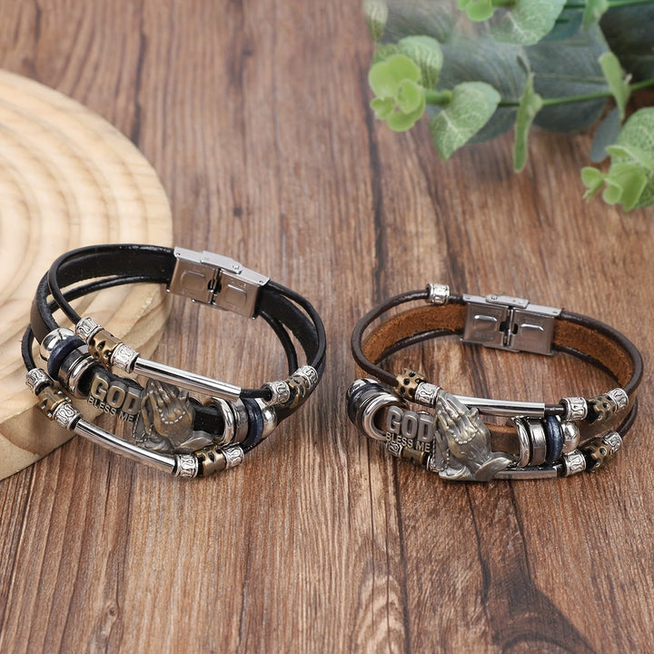Christianartworkshop Bracelet en cuir « Que Dieu me bénisse » avec mains en prière et détails métalliques - image 1