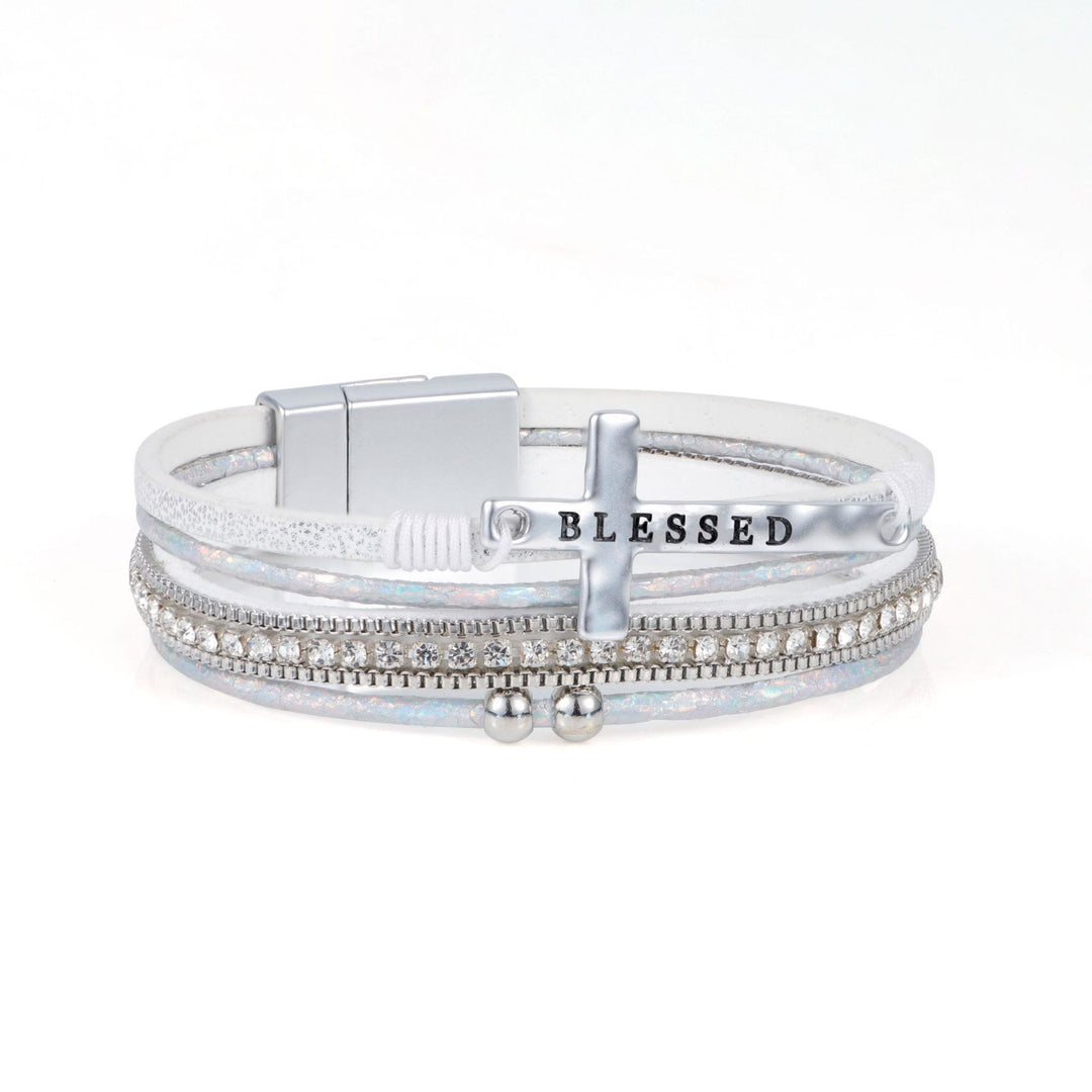 Christianartworkshop Bracelet en cuir à plusieurs rangs avec croix bénie et zircon : symbole de grâce divine et de joie spirituelle - Blanc - image 8
