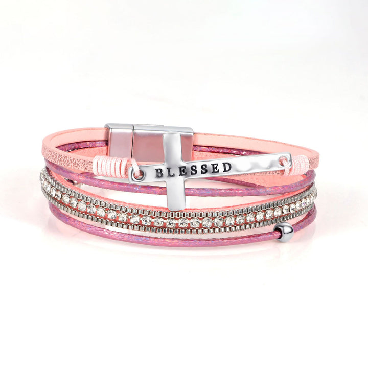 Christianartworkshop Bracelet en cuir à plusieurs rangs avec croix bénie et zircon : symbole de grâce divine et de joie spirituelle - Rose - image 6