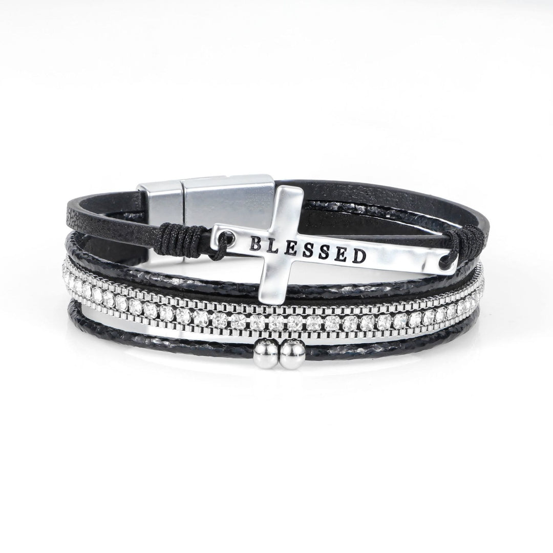 Christianartworkshop Bracelet en cuir à plusieurs rangs avec croix bénie et zircon : symbole de grâce divine et de joie spirituelle - Noir - image 9